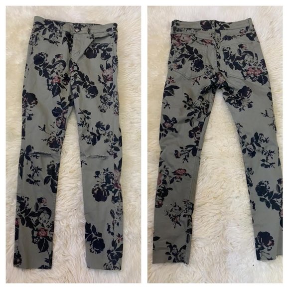NEW H&M Skinny Regular High Rise Ripped Jeans Skull & Floral Print Khaki Green - Picture 3 of 7